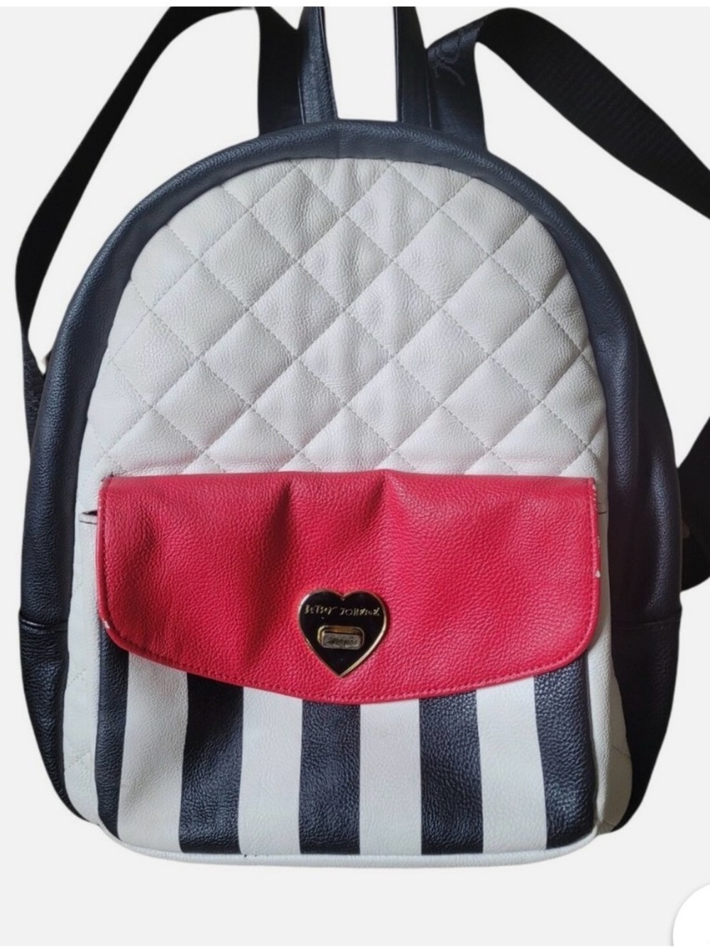 Betsey Johnson White Quilted Backpack with Black Stripes and Pink Pocket
